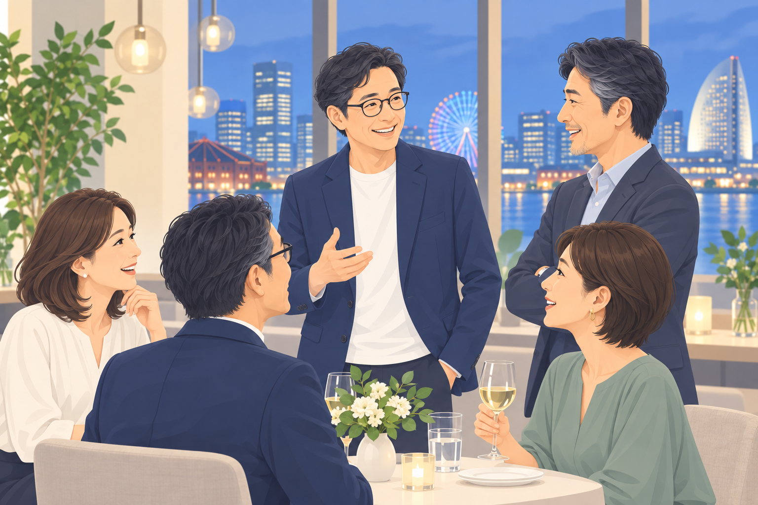 横浜の夜景を背景に会話を楽しむ経営者たちのイラスト