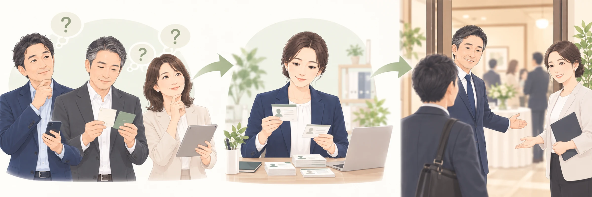 交流会を探す経営者の希望を事務局が確認し、主催者へ紹介する流れ